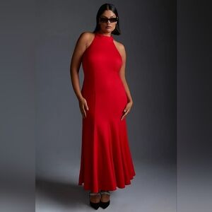 Maeve Anthropologie 1X Plus Gown Dress Halter Maxi Midi Fit Flare Red Prom